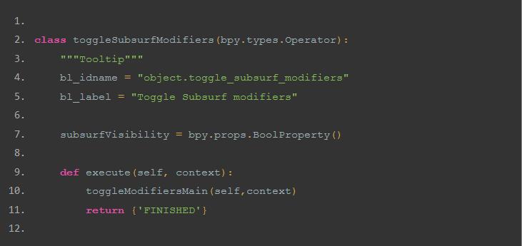 A screenshot of Python code showing an operator Class for Blender 3D which toggles subsurf modifiers on and off.